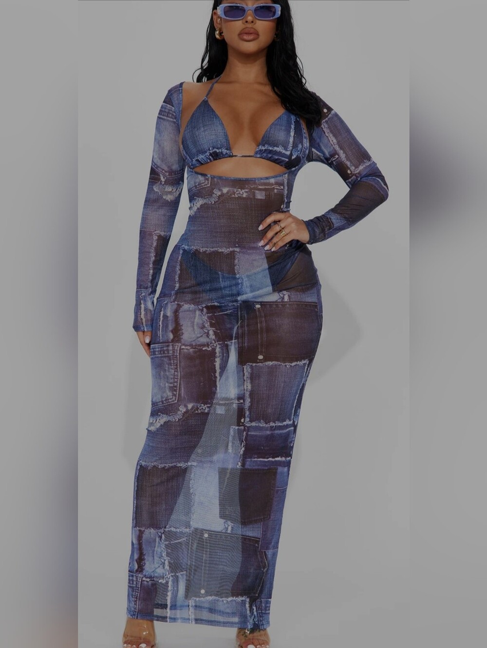Fashion Nova Denim Patchwork Blue Bikini Set with Maxi Cover-Up NWOT